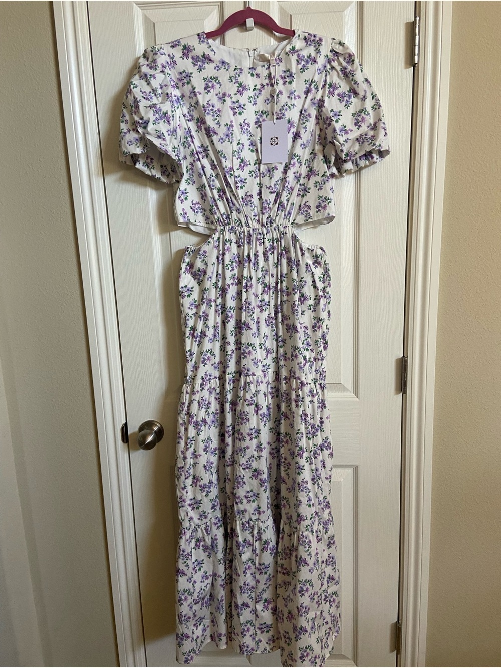 Wayf White Floral Dress with Purple and Green Print